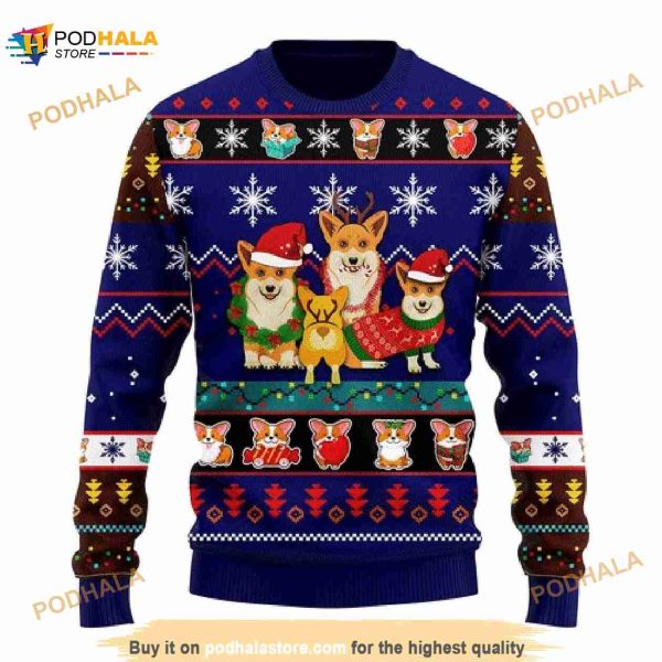 3D Corgi Cute Noel Mc Christmas Blue Funny Ugly Sweater