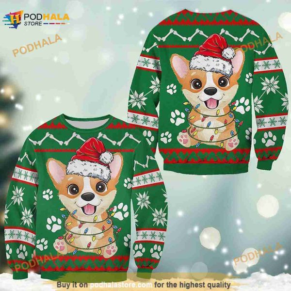 3D Corgi Green Christmas Funny Ugly Sweater