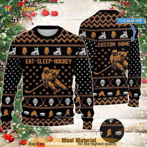 3D Custom Name Eat Sleep Hockey Funny Ugly Sweater