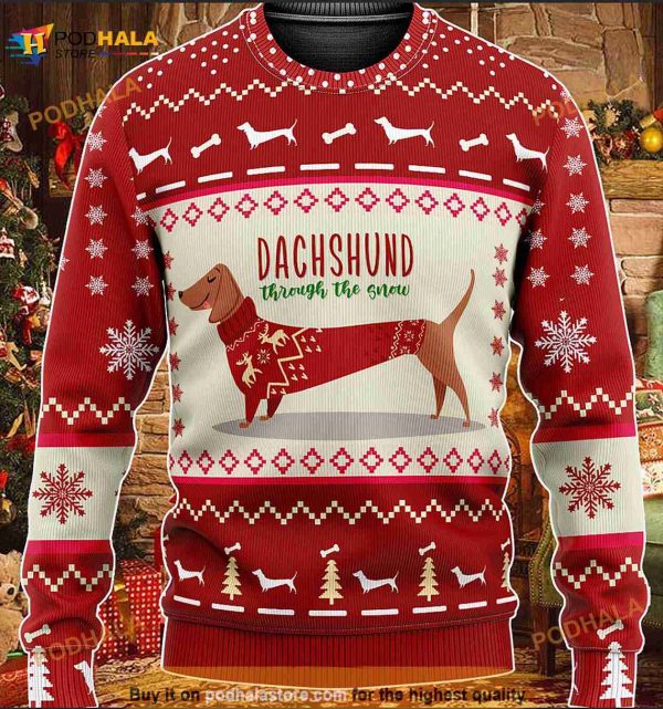 3D Dachshund Through The Snow Christmas Funny Ugly Sweater