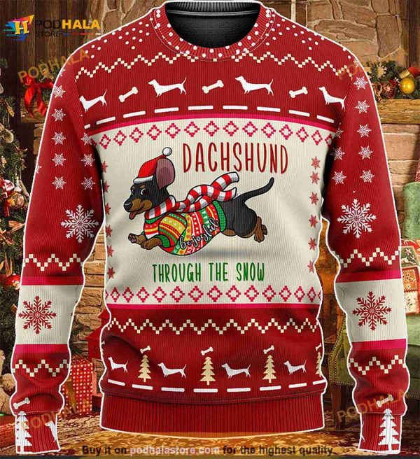 3D Dachshund Through The Snow Christmas Knitted Sweater