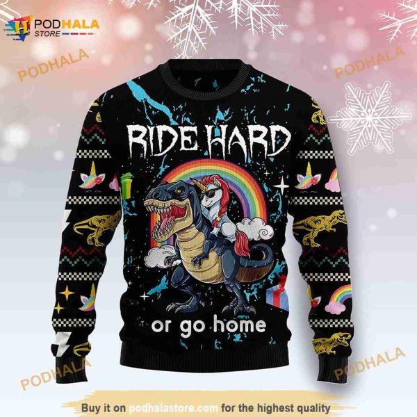 3D Dinosaur Unicorn Ride Hard Ugly Christmas Sweater