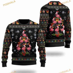 3D Flamingo Pine Tree Image Noel Pattern Funny Ugly Sweater