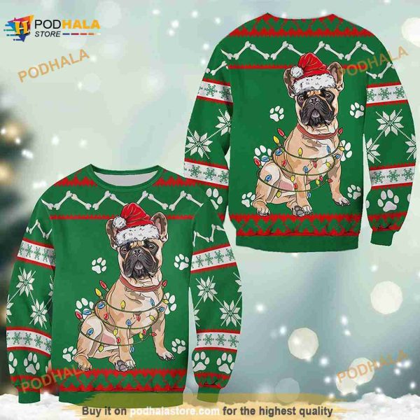3D French Bulldog Green Christmas Funny Ugly Sweater