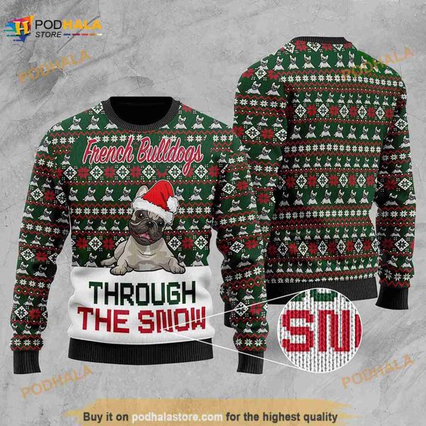 3D French Bulldogs Through The Snow Christmas Funny Ugly Sweater