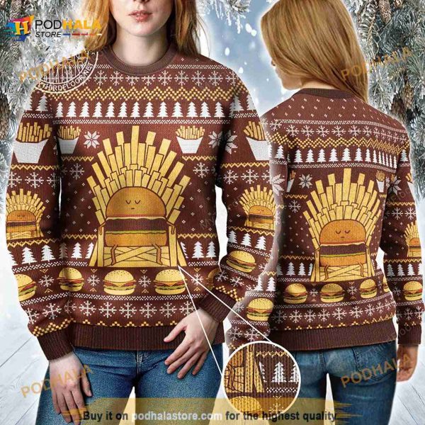 3D Game Of Fries Burger Lovers Ugly Christmas Sweater