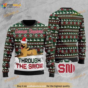 3D German Shepherd Dogs Through The Snow Christmas Funny Ugly Sweater