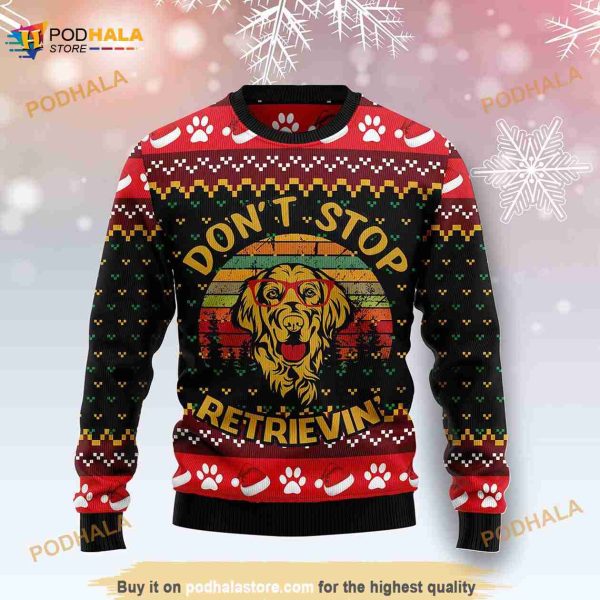3D Golden Retriever Dont Stop Retriever Ugly Christmas Sweater