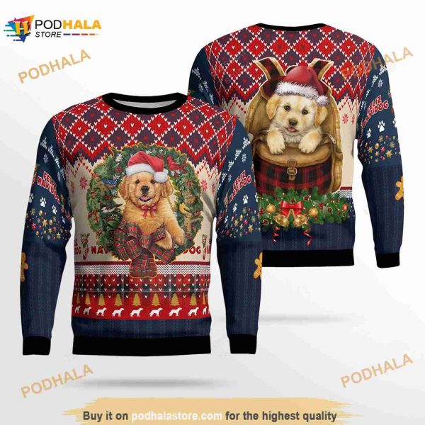 3D Golden Retriever With Christmas Wreath Funny Ugly Sweater