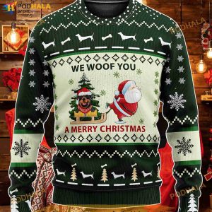 3D Green Red Rottweiler We Woof You A Merry Christmas Funny Ugly Sweater