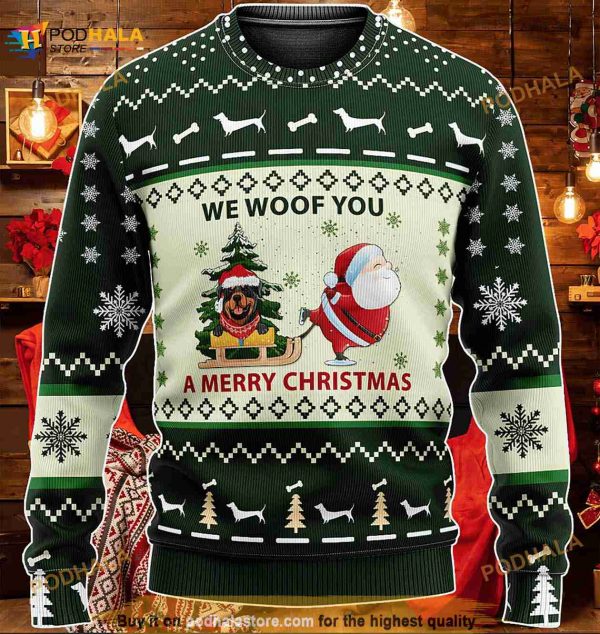 3D Green Red Rottweiler We Woof You A Merry Christmas Funny Ugly Sweater