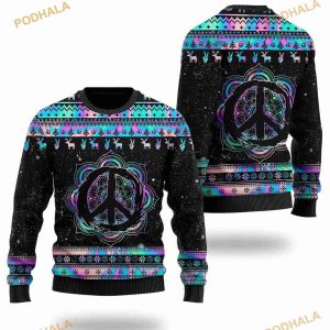 3D Hippie Holographic Funny Ugly Sweater Mandala Peace Sign Sweater