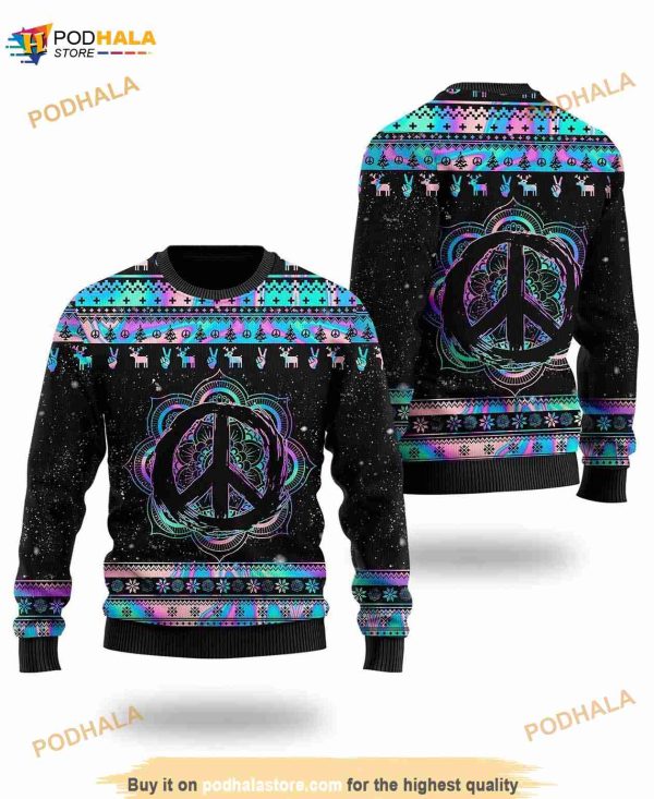 3D Hippie Holographic Funny Ugly Sweater Mandala Peace Sign Sweater
