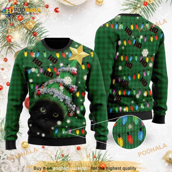 3D Ho Ho Ho Black Cat Christmas Tree Funny Ugly Sweater