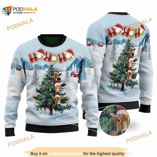 3D Ho Ho Ho Farming Cows Christmas Tree Funny Ugly Sweater