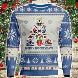 3D Hockey Blue Christmas Tree Funny Ugly Sweater