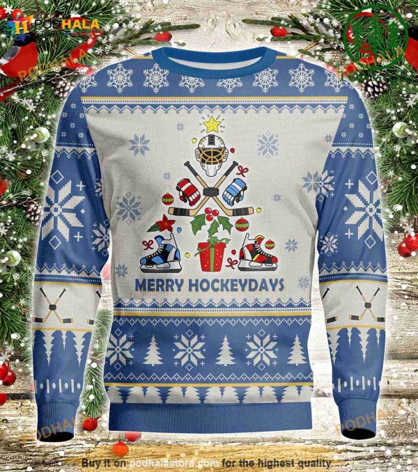 3D Hockey Blue Christmas Tree Funny Ugly Sweater
