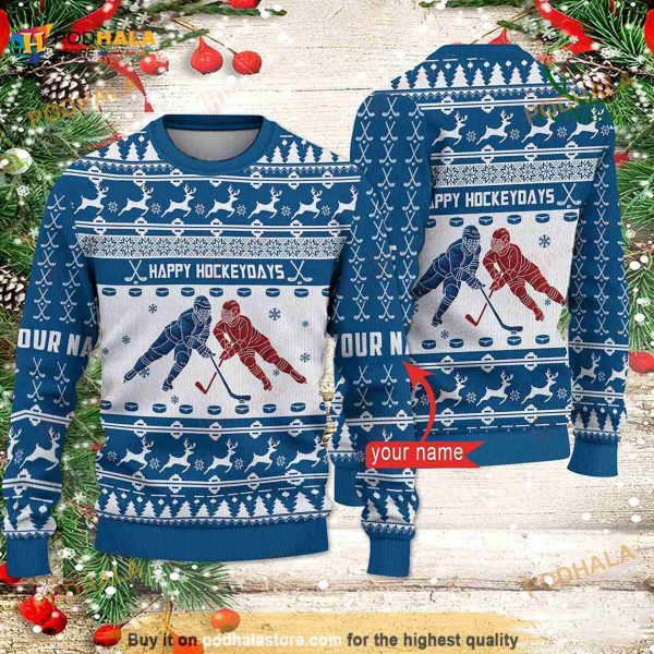3D Hockey Cross Check Blue Personalized Funny Ugly Sweater