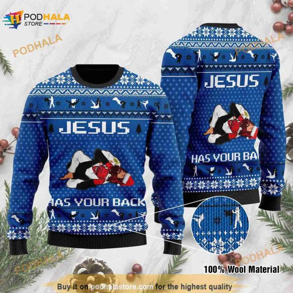 3D Jesus Has Your Back Jiu Jesus Has Your Back Funny Ugly Sweater