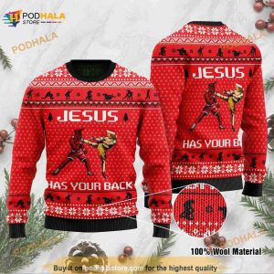 3D Jesus Has Your Back Mixed Martial Arts Jesus Funny Ugly Sweater