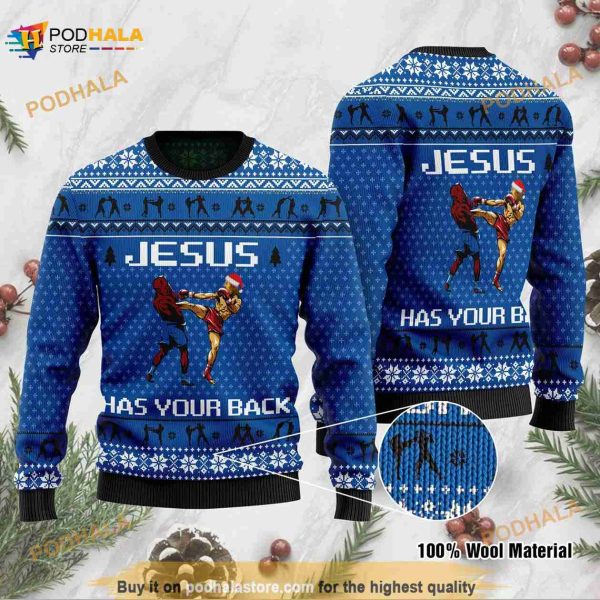 3D Jesus Has Your Back Muay Thai Jesus Ugly Christmas Funny Ugly Sweater