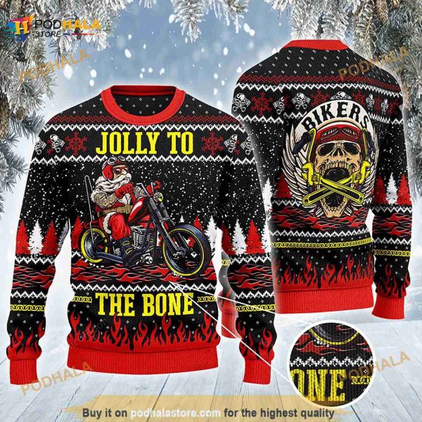 3D Jolly To The Bone Biker Christmas Gift All Over Print Funny Ugly Sweater