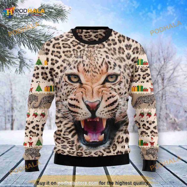 3D Leopard Cute Face Ugly Christmas Sweater