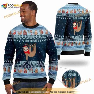 3D Lonely Sloth Down Enjoy Christmas Noel Pattern Funny Ugly Sweater