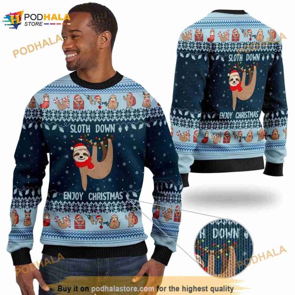 3D Lonely Sloth Down Enjoy Christmas Noel Pattern Funny Ugly Sweater