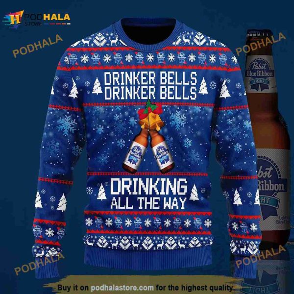3D Pabst Blue Ribbon Drinker Bells Drinker Bells Drinking Funny Ugly Sweater, Xmas Gift
