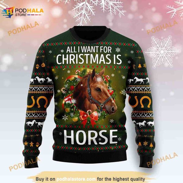 All I Need For Christmas Is Horse 3D All Over Printed Ugly Sweater