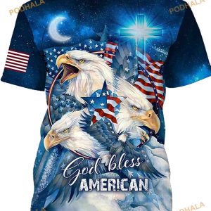 American Flag With Bald Eagle And Cross In Galaxy 3D Shirt