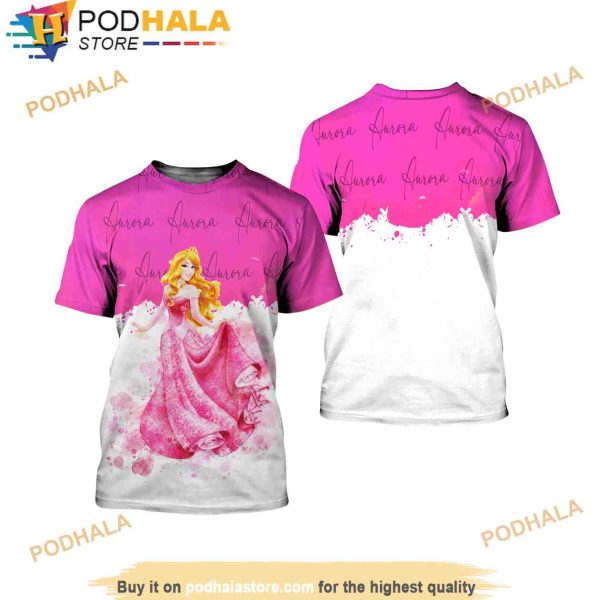 Aurora Princess Pink Watercolor Glitter Disney Cartoon All Over Print 3D Shirt