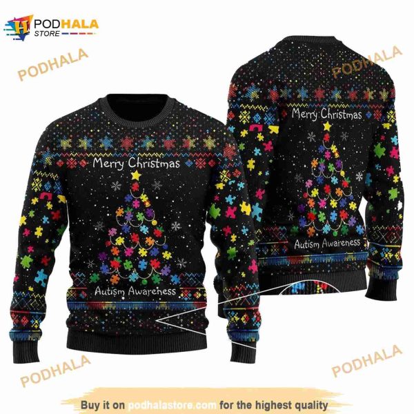 Autism Awareness Christmas Tree Pattern Black 3D Ugly Sweater