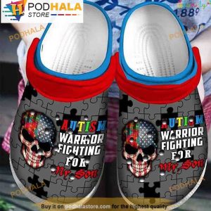Autism Awareness Day Skull Us Flag Autism Warrior Fighting For My Son 3D Crocs