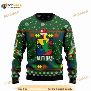 Autism Christmas Pattern On Green 3D Ugly Sweater