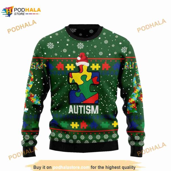 Autism Christmas Pattern On Green 3D Ugly Sweater