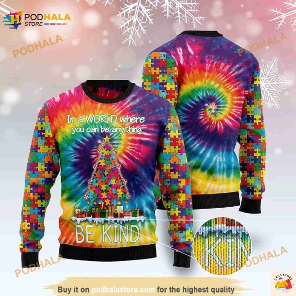 Autism Christmas Tree Tie Dye Ugly Christmas 3D Sweater