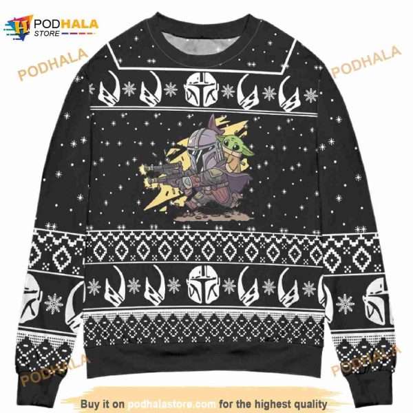 Baby Yoda Boba Fett Fire A Gun Star Wars Ugly Knitted Christmas 3D Sweater