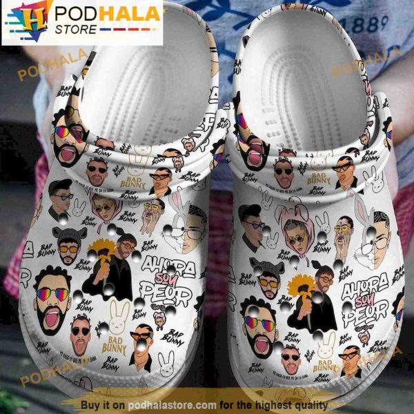 Bad Bunny Pattern 3D Crocs Clog Shoes, Funny Crocs
