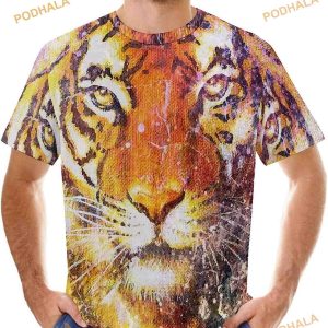 Baikutouan Tiger Head In Space With Stars Print Summer 3D Shirt