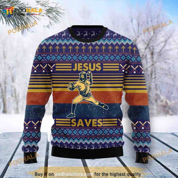 Baseball Jesus Save 3D Ugly Christmas Sweater