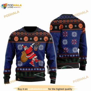 Basketball Santa Christmas Pattern On Blue 3D Funny Ugly Sweater