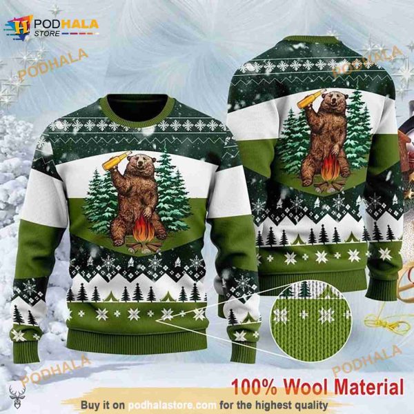 Bear Beer Campfire Christmas Unisex Woolen 3D Funny Ugly Sweater