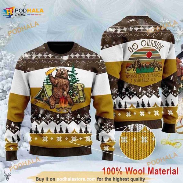 Bear Beer Campfire Yellow Christmas 3D Funny Ugly Sweater