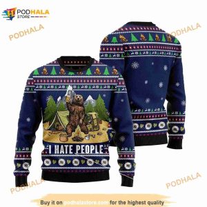 Bear Camping I Hate People Ugly Sweater, Christmas 3D Funny Sweater