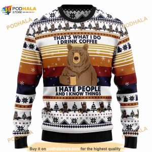 Bear Drinking Coffee Knitted Christmas 3D Funny Ugly Sweater