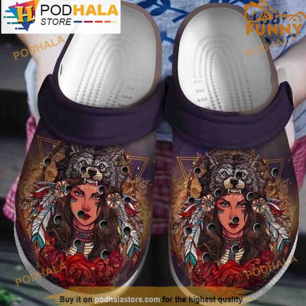 Beautiful Aboriginal Girl Wolf 3D Crocs, Funny Crocs