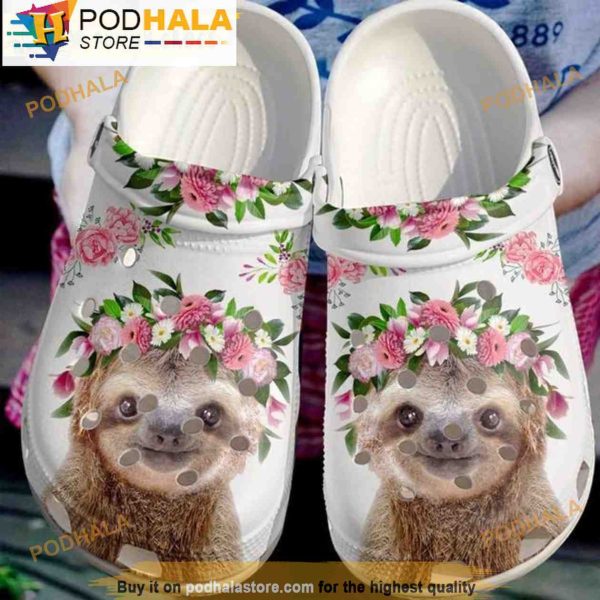 Beautiful Flower With Cute Sloth Floral 3D Crocs, Funny Crocs