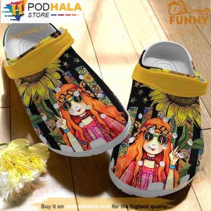 Beautiful Hippie Girl Sunflower 3D Crocs, Funny Crocs